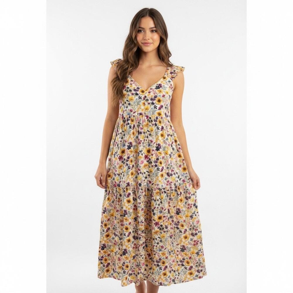 Old Navy Floral Tiered Maxi Dress Cottage Coquette Pockets Large Vacation Summer - Picture 1 of 10